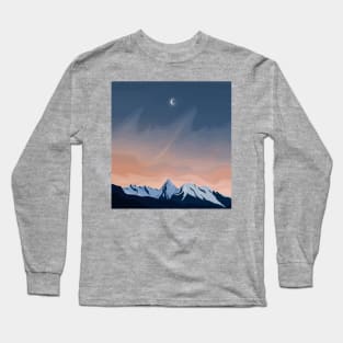 Blue and Peach Minimalistic Mountain Sunset Digital Illustration Long Sleeve T-Shirt